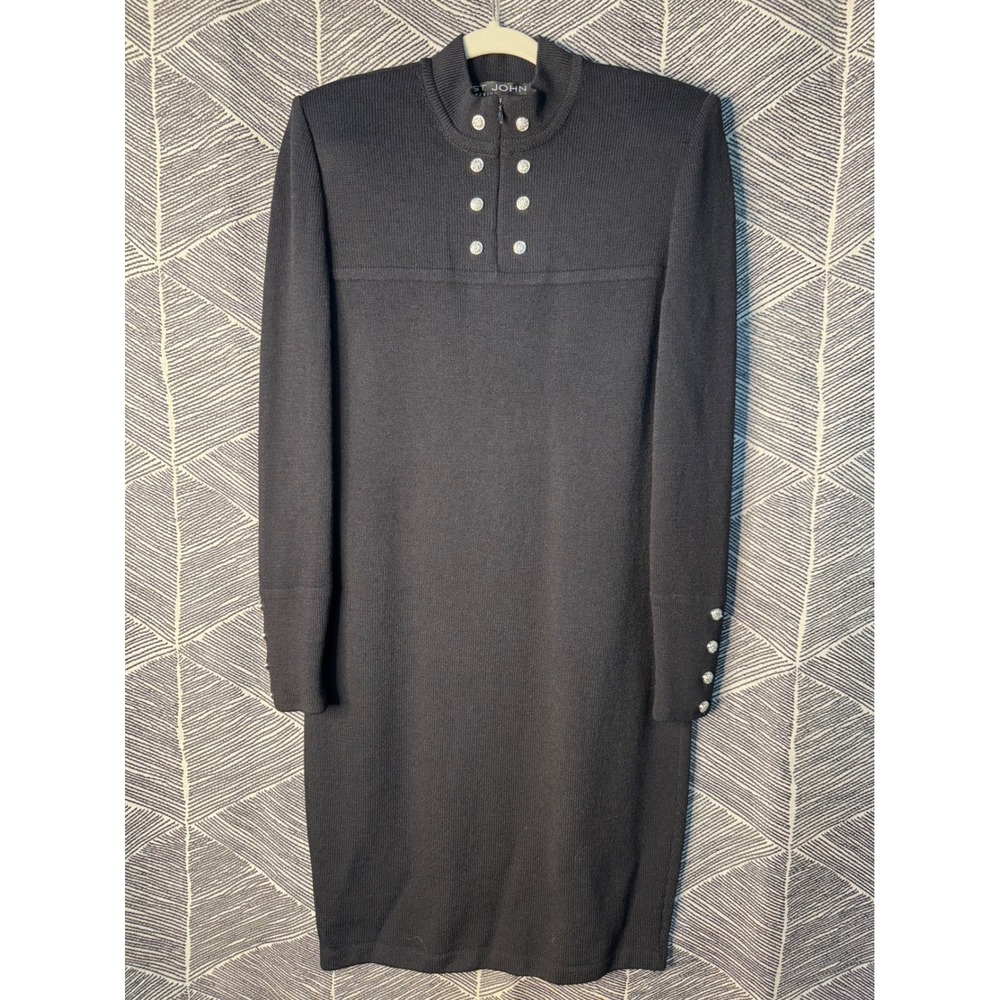 St. John‎ Evening Basics Black Knit Dress Rhinestone Buttons Size 10